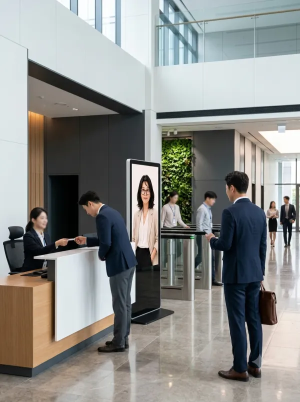MijA greeting visitors at a corporate lobby